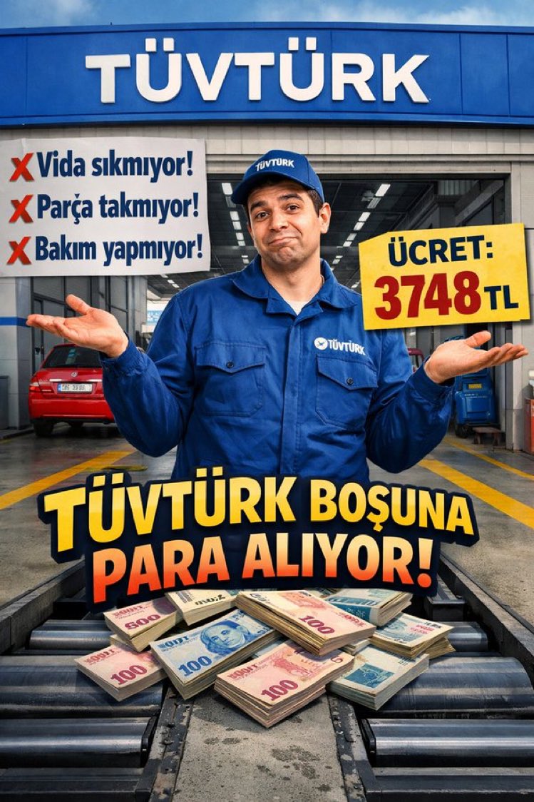 Bugün bu konuyu gündem yapalım.‼️

Dişe dokunur bir şey yapmadan, yaklaşık 4000₺ para alıyorlar.😡🇹🇷😡

Hep beraber söyleyelim:

TÜVTÜRK KAPATILSIN!
TÜVTÜRK KAPATILSIN!
TÜVTÜRK KAPATILSIN!
TÜVTÜRK KAPATILSIN! 
TÜVTÜRK KAPATILSIN!
TÜVTÜRK KAPATILSIN!