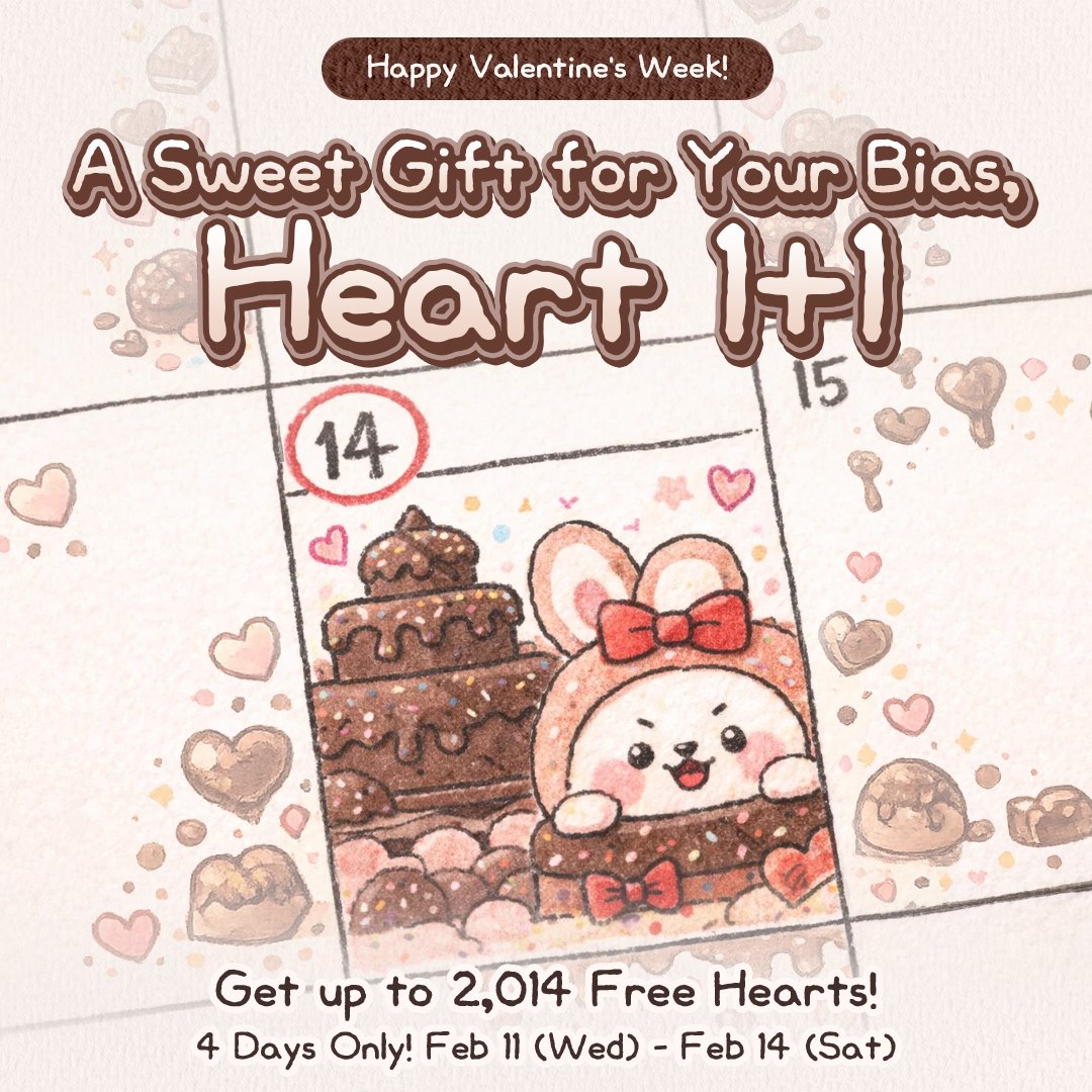 kpopidol_en's tweet photo. 🍫Happy Valentine's Week!💝
💞A Sweet Gift for Your Bias, Heart 1+1
💖Give your bias a gift sweeter than chocolate.

🗓️ Only 4 Days: Feb 11(Wed) – Feb 14(Sat)

💖 1+1 on Heart Purchases
🎁 Heart Box: Up to 2,014 Hearts
🌠 Video Ad Bonus: Up to 2,014
🎞️ Video Ad Hearts: 50 → 64
🎉 Login Bonus: 100 → 214 Hearts
⚡ Max 2× Boost for Free charging station

👉https://t.co/kdPtY0zT9t