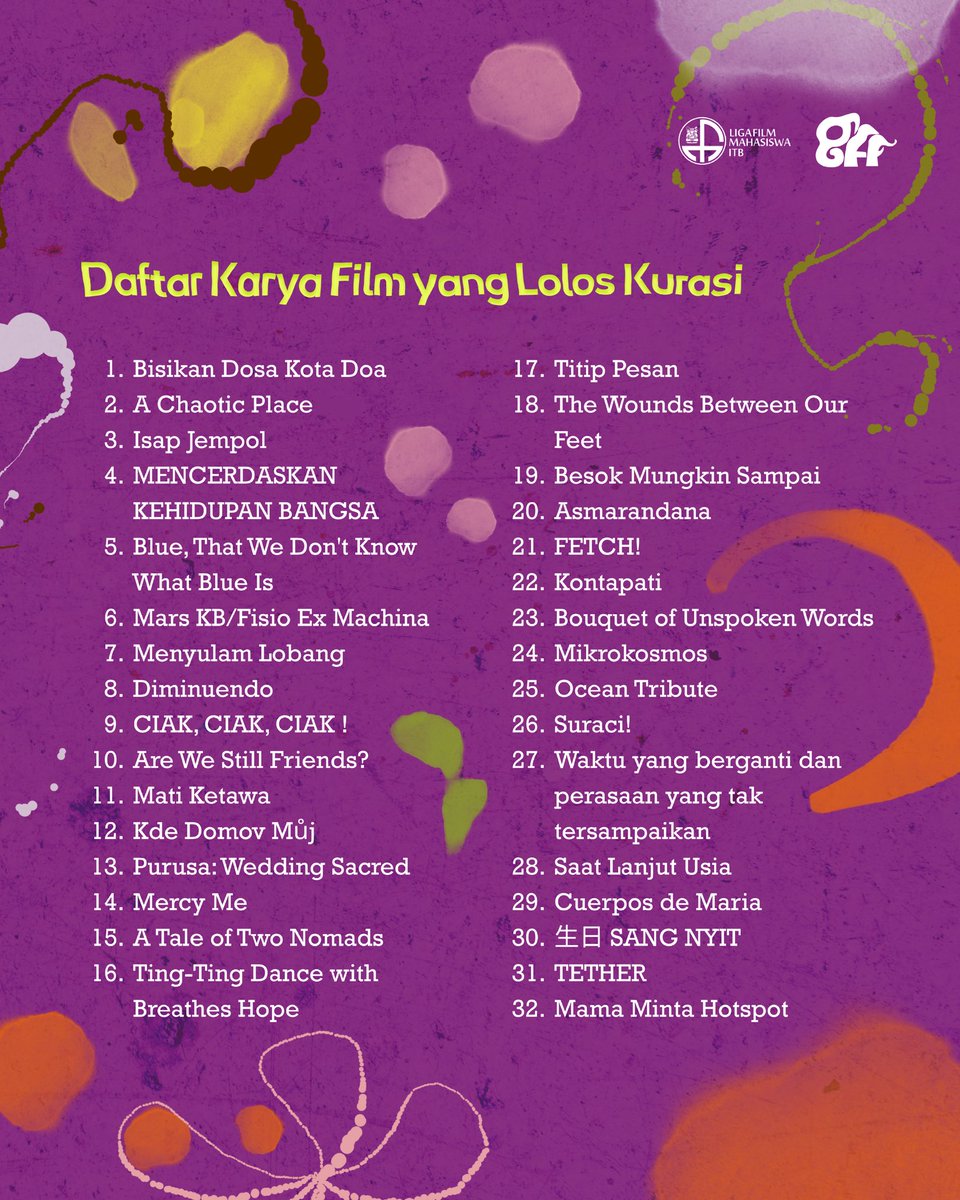 Selamat kepada 32 film yang telah lolos kurasi di Ganesha Film Festival 2025! 🤩 

Bagi yang belum lolos, jangan khawatir ya, Nopals! Masih ada banyak kesempatan di lain waktu🙌🏻

See you at the main event!❤️

#GANFFEST2026 #GFF2026 #NOVA