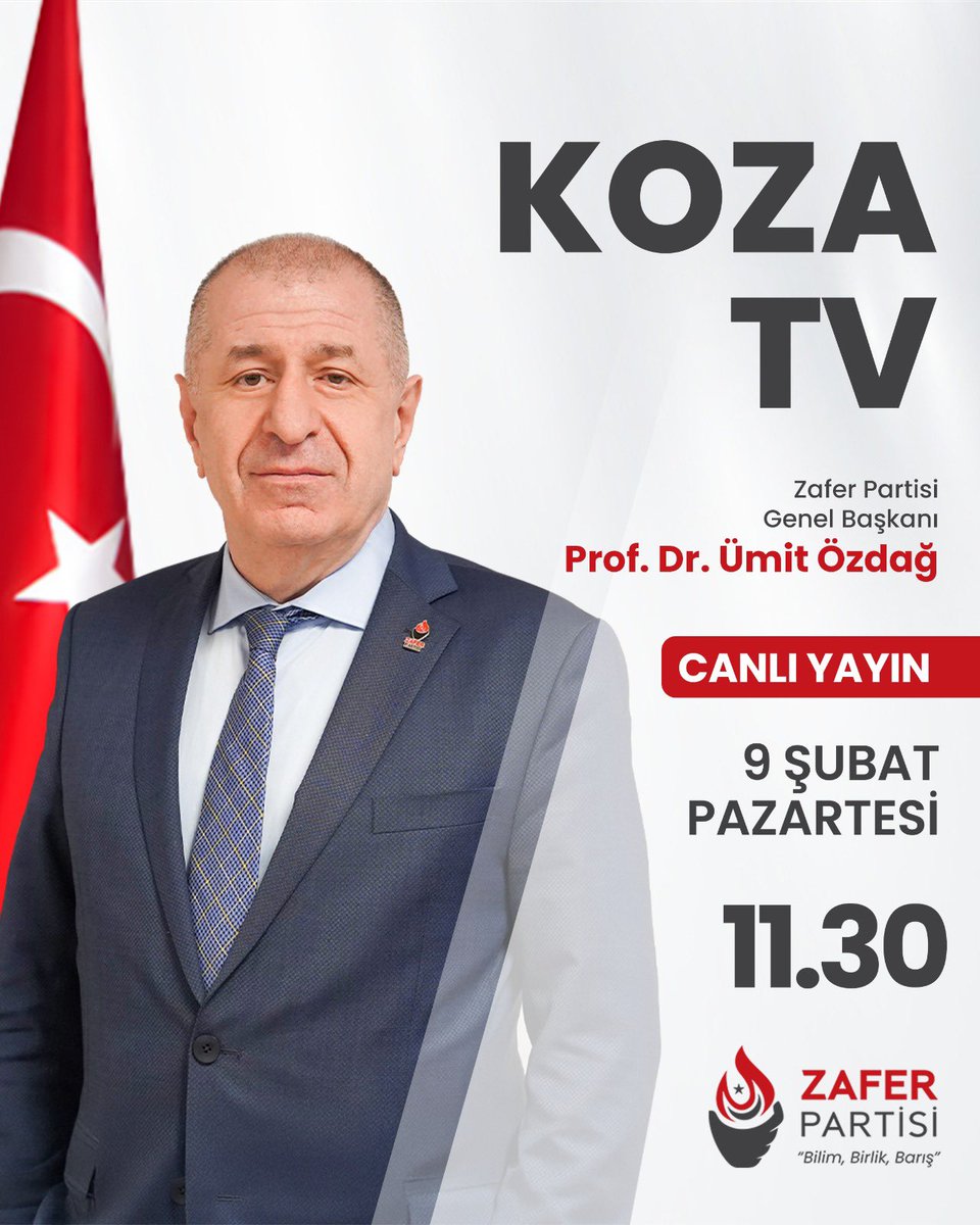 Genel Başkanımız Sayın Prof. Dr. Ümit Özdağ, bugün (9 Şubat Pazartesi) saat 11.30’da Koza TV ekranlarında Mehlika Bilen'in canlı yayın konuğu olacaktır. 

🗓️ 9 Şubat Pazartesi 
⏰ 11.30
📺 Koza TV

#ParolamızZafer