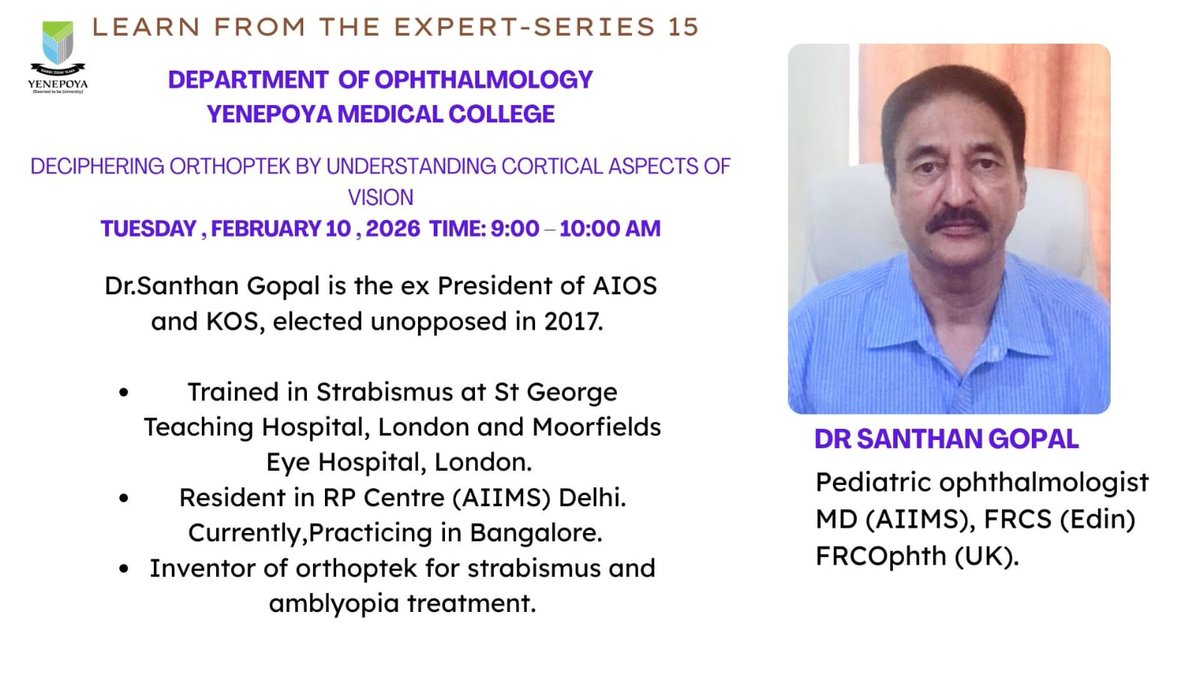 kamathatul's tweet photo. Tomorrow is #Supertuesday
We have an eminent speaker amongst us!
As part of "Learn from the experts- 15" we have Dr Santhan Gopal, ex president of @AiosOffice & @KOS, will be with us to talk on cortical aspects of vision!
#Ophthalmology #postgraduates #TeachingFeeling https://t.co/4ArijIVK19