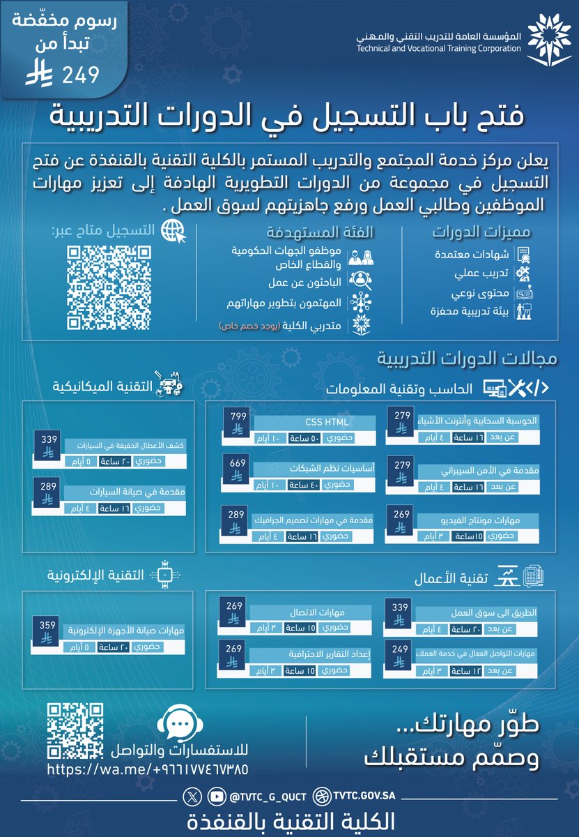 دورات تدريبية|
مركز خدمة المجتمع والتدريب المستمر بالكلية يطلق دورات تدريبية متخصصة لتمكين الموظفين ومتدربي الكليةوطالبي العمل من تطويرمهاراتهم،ضمن جهودالكلية في تقديم تدريب نوعي يلبي احتياجات المجتمع ويواكب المستجدات التقنية.
📲 التسجيل:forms.cloud.microsoft/Pages/Response…
#التدريب_التقني