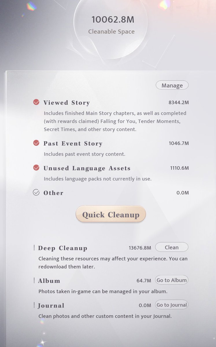 NightingaleMiru's tweet image. Love and Deepspace | Mortality's Tenderness

📥Pre-download Available
You can start the pre-download via the top-right corner of the main interface.
Approx. download size: ~2.8 GB

🧹Free Up Storage
Tap top-left corner → Profile → Quick Cleanup to clear space.

*It’s getting…