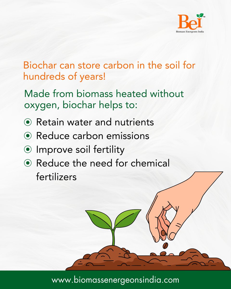 biomass_bei's tweet photo. Biochar: the black savior of the earth
Made from #Biomass, #Biochar locks carbon in soil for centuries, improves #soil fertility, boosts water retention, and supports #climatesmart #Agriculture. Small changes, big impact.
#SoilHealth #CarbonSequestration #BiomassEnergeonsIndia https://t.co/P3T4i0pYLt
