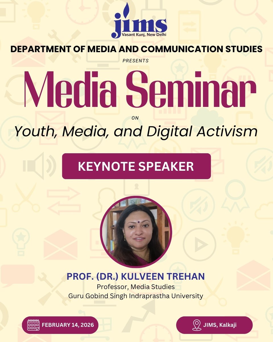 We are pleased to introduce Prof (Dr.) Kulveen Trehan, Professor, Media Studies, GGSIPU, as the Keynote Speaker at the Media Seminar, "Youth, Media, and Digital Activism" organized by the Department of Media and Communication Studies, JIMS Vasant Kunj.
#jimsvasantkunj #seminar