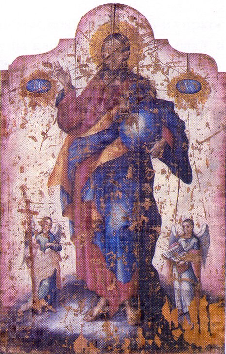 An icon of Christ Pantocrator, painted by Jovan Isailović in 1782 for the Orthodox church of St. Michael in Senta, Serbia. We can notice the strike marks from hussar sabres. Hungarians destroyed the old church in March 1849 and murdered 146 Serbian civilians.