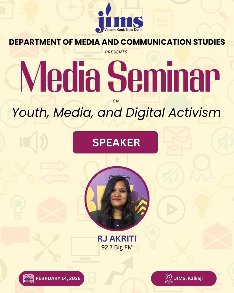 We are pleased to introduce RJ Akriti, 92.7 Big FM, as a Speaker at the Media Seminar, "Youth, Media, and Digital Activism" organized by the Department of Media and Communication Studies, JIMS Vasant Kunj.
#jimsvasantkunj #mediaseminar