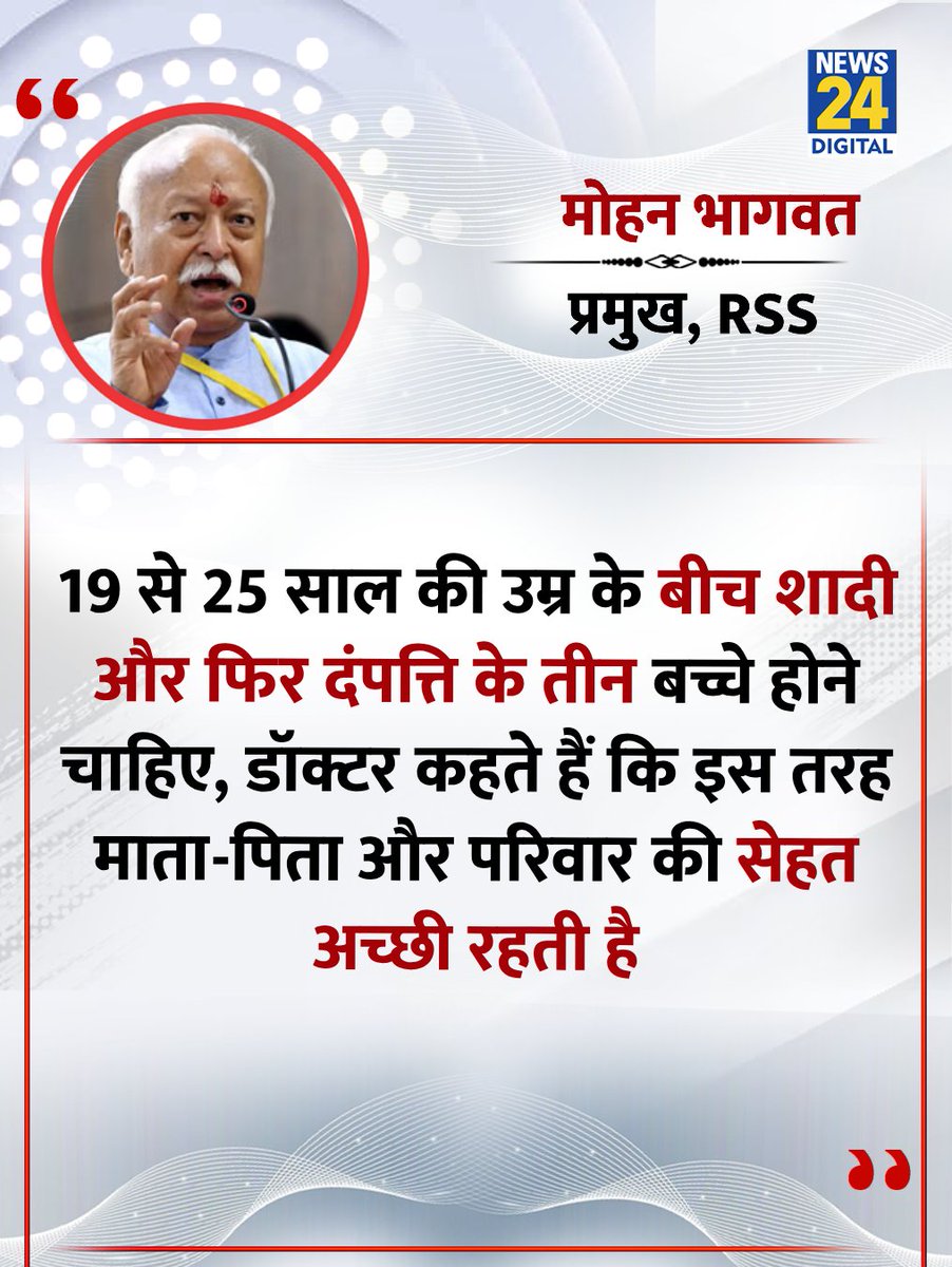 "19 से 25 साल की उम्र में शादी और तीन बच्चे होने चाहिए"

◆ RSS प्रमुख मोहन भागवत ने कहा   

#RSS | Mohan Bhagwat | #MohanBhagwat