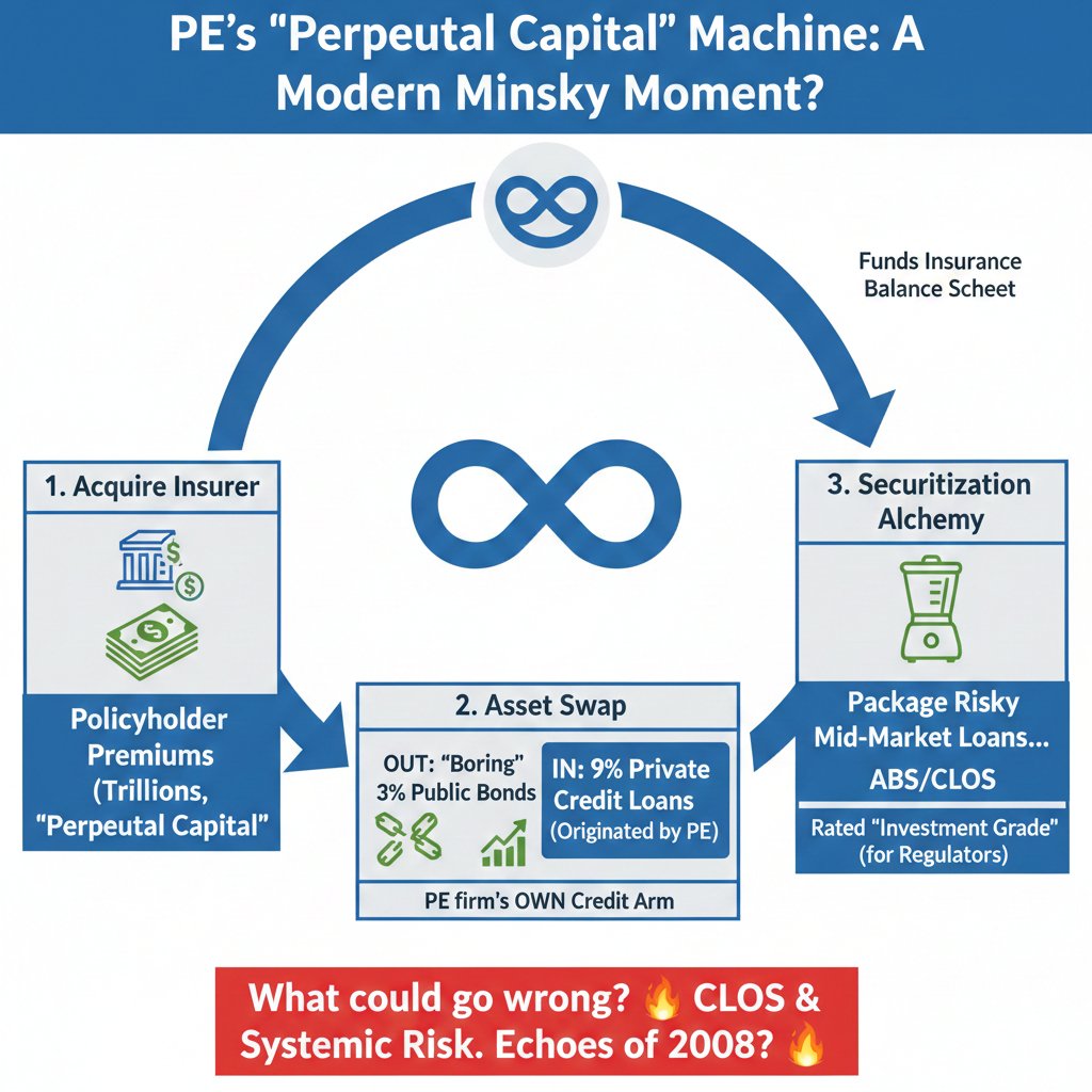 GHVICUS's tweet photo. PE firms found the ultimate infinite money glitch:

Buy an insurer for the "perpetual" premiums.

Dump 3% bonds for 9% Private Credit you originated yourself.

Securitize the risky loans into CLOs to make regulators smile.

What could go wrong? 🧨 https://t.co/QRDZw2jRkR
