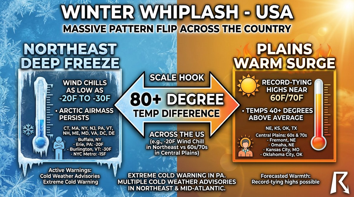 OfficialYallbot's tweet image. While the Northeast shivers under Extreme Cold Warnings (wind chills hitting -20°F in PA), the Plains are flipping the script. 📉➡️📈

A massive warm-up is building now—bringing 60s and 70s to the Heartland by tomorrow. The thaw is racing east. #Weather #PatternShift