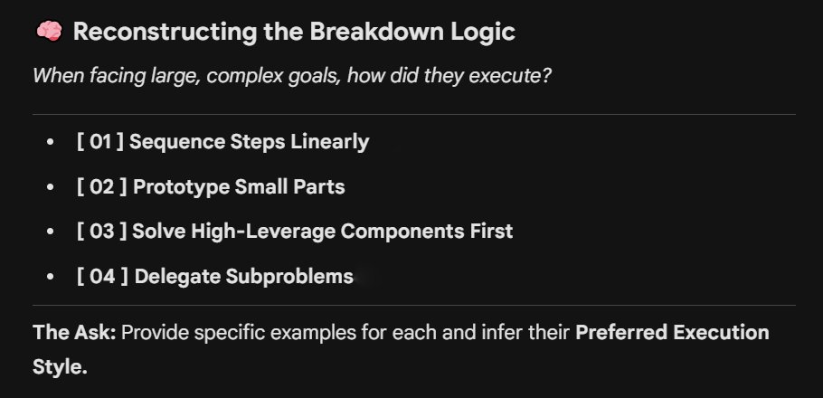 Most people read biographies for the stories.

To achieve meaningful improvement, the focus should be on understanding the reasoning behind decisions and actions.

When an expert works toward a goal, they split it into smaller, workable pieces.

Use this prompt to analyze and