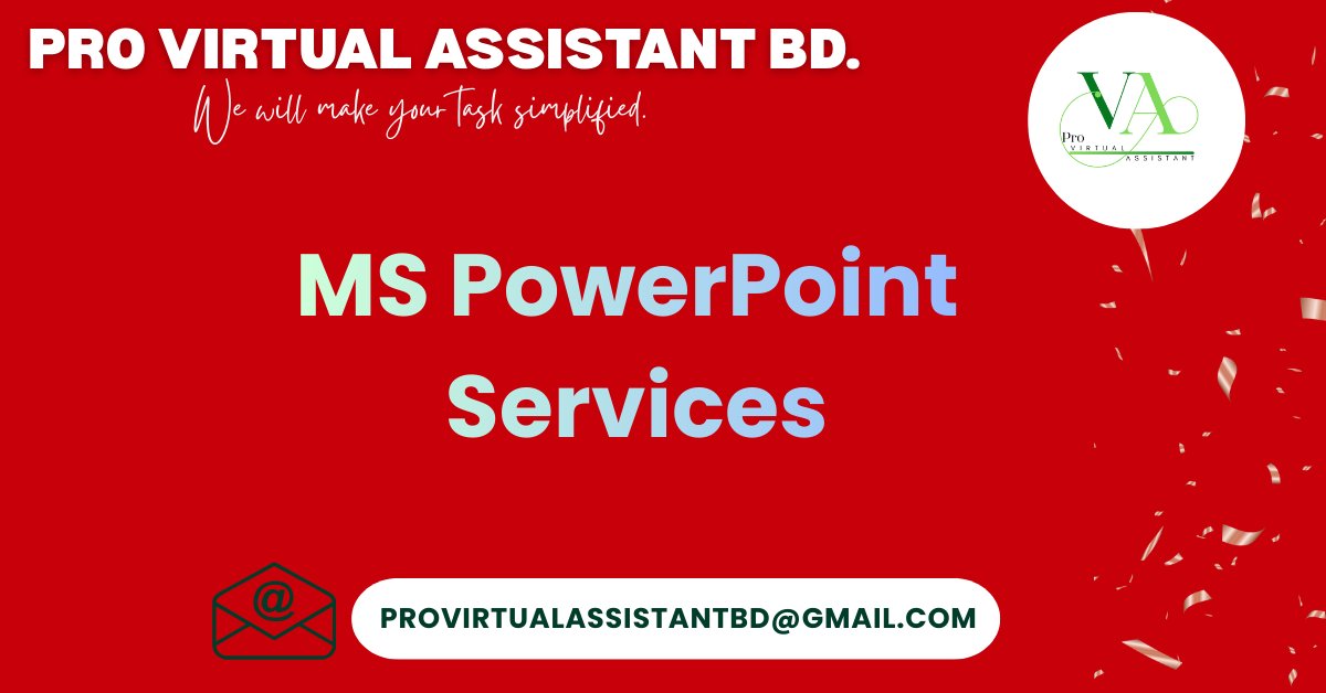 pro_virtual_ast's tweet photo. Professional MS PowerPoint Services for Impactful Presentations

Email: provirtualassistantbd@gmail.com

#powerpoint
#bankreconciliation
#scannedpdf
#pdfedit
#unlockPDF
#editpdf
#pdfediting
#fillablepdf
#DataEntry
#dataentryservices
#VirtualAssistants
#virtualassistantservices https://t.co/VjW6krs1Jn