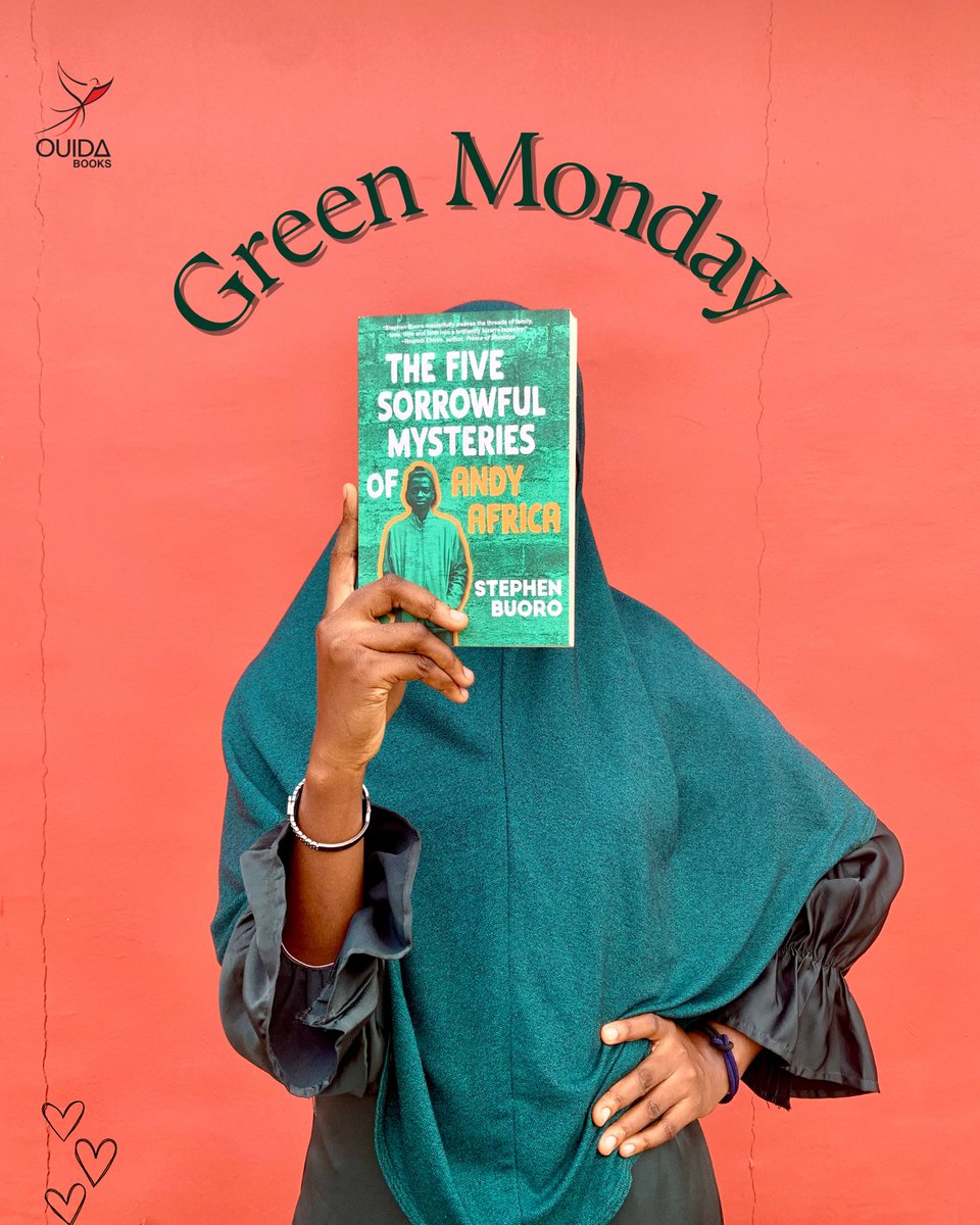OuidaBooks's tweet photo. Green Monday done right 💚 Our editor in green, holding The Five Sorrowful Mysteries of Andy Africa by Stephen Buoro, a story that’s as bold as its cover.
#publishedbyouida #greenmonday https://t.co/TLWnHXCEob