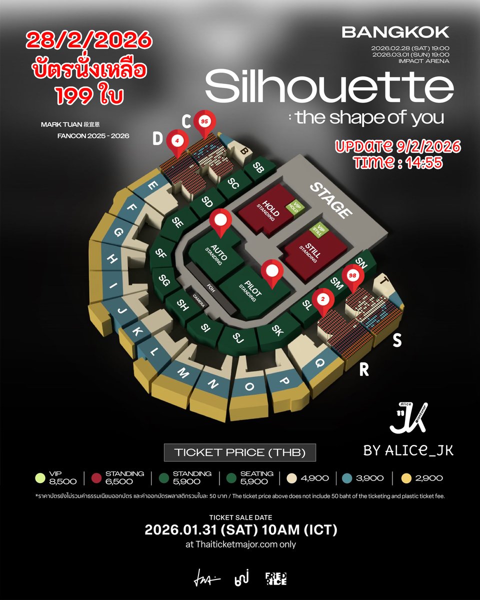 Update 9/2/69 Time 14:55 
28/1 : บัตรนั่งเหลือ 199 ไม่รวมบัตรยืน   
1/3 :  บัตรนั่งเหลือ 1304  ไม่รวมบัตรยืน    

Buy Ticket : 👇 thaiticketmajor.com/concert/mark-t… 

#MarkTuanFanconBKK2026 
#MarkTuan_Silhouette #MarkTuan 
#Mark #มาร์คต้วน #段宜恩