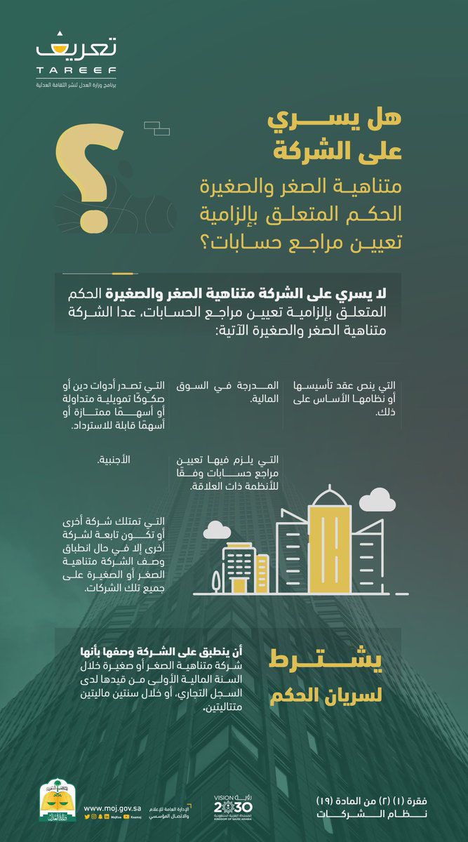 #نظام_الشركات 
س/هل يسري على الشركة متناهية الصغر والصغيرة إلزامية تعيين مراجع حسابات ؟ 
#غيمة_قانونية