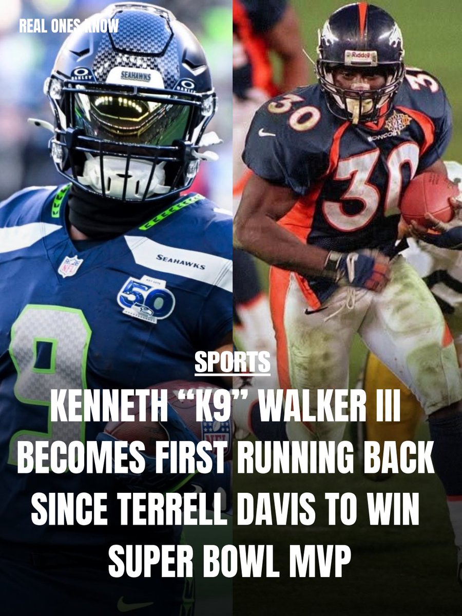 RealOnesKnow_'s tweet photo. Kenneth Walker III was the first running back to win the Super Bowl MVP since Terrell Davis in 1998. He rushed for 135 yards on 27 carries, 2 catches for 26 yards, to lead the Seattle Seahawks to a dominant 29-13 victory against the New England Patriots in Super Bowl LX…

#KennethWalker #SuperBowlLX #MVP #RealOnesKnow