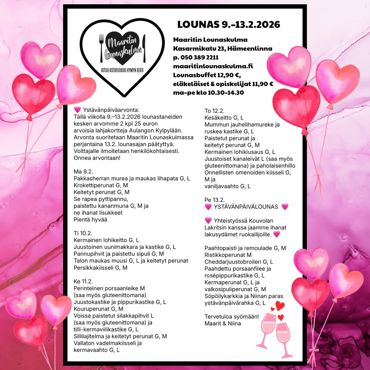 M_Lounaskulma's tweet photo. Tervetuloa lounaalle Maaritin Lounaskulmaan 9.–13.2.2026, Kasarmikatu 23, Hämeenlinna. https://t.co/pTJFRDoNsL 🥰❤️🎶🌹#Hämeenlinna #lounas #ravintola #lounasravintola #Hämpton #visithämeenlinna #menot https://t.co/VxYTK1NUFL