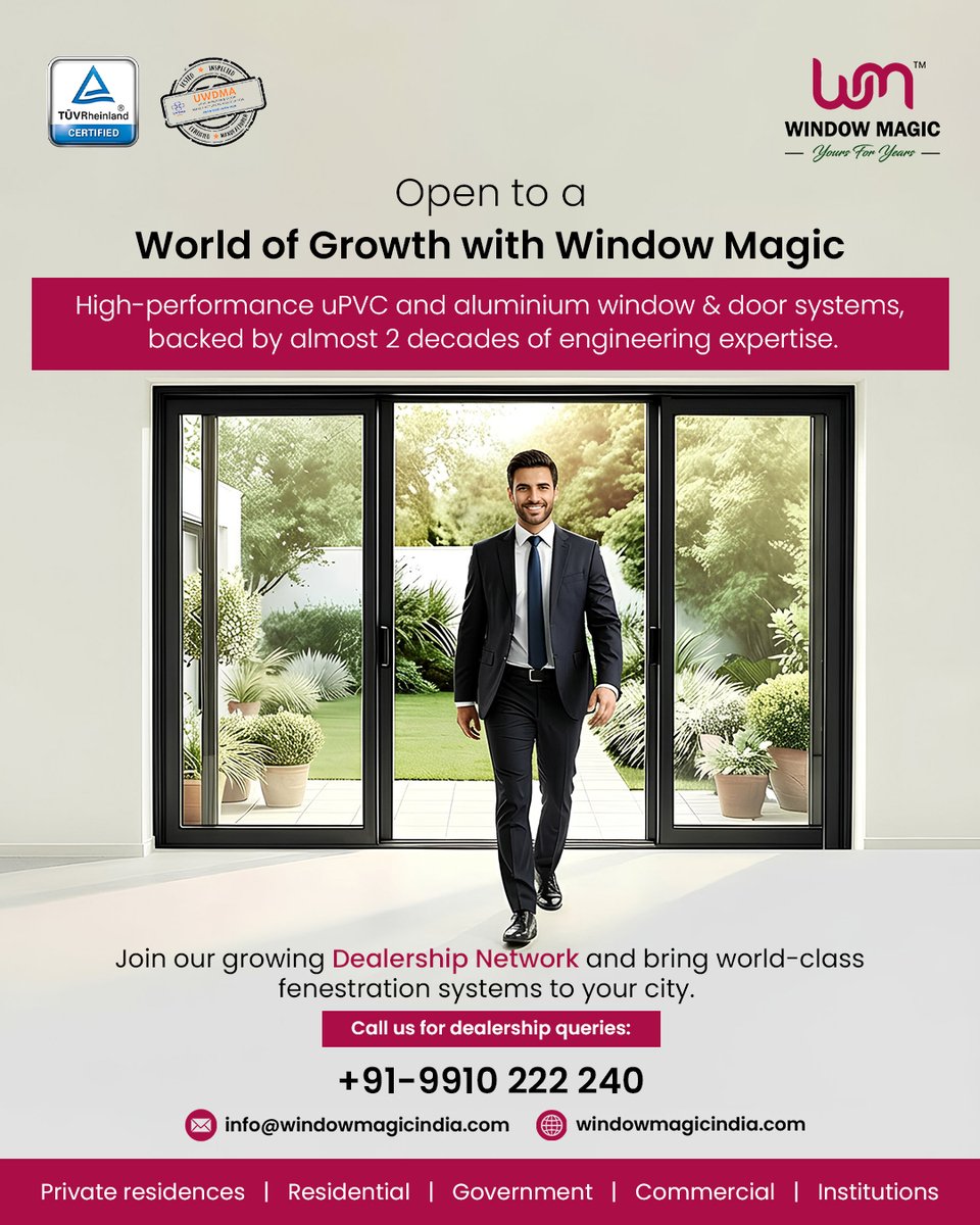 windowmagicIND's tweet image. Step into India’s fenestration forefront with Window Magic. Partner with a trusted brand offering high-performance uPVC &amp;amp; aluminium systems, backed by 20 years of expertise, certified quality, and complete support to grow your business.

#WindowMagic #Fenestration #UPVCWindows