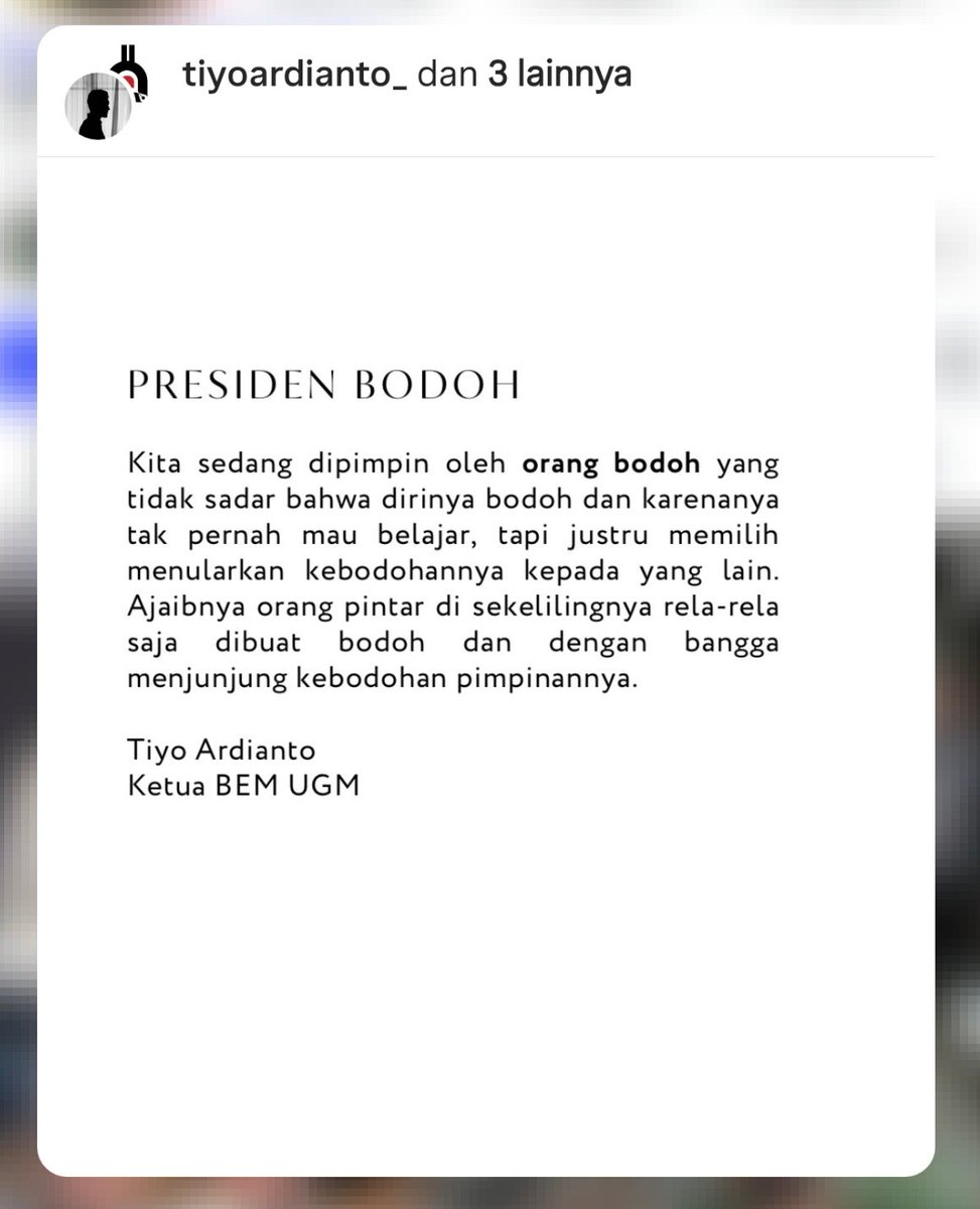 Mulanya, kami tak begitu tau apa maksud tulisan Mas Tiyo, Presma UGM, yang mengatakan,

'presiden bodoh, tak pernah mau belajar, tapi justru memilih menularkan kebodohannya kepada yang lain',

tapi setelah membaca tweet sodara Rulie Maulana, kini kami jadi paham. 🙏🏻