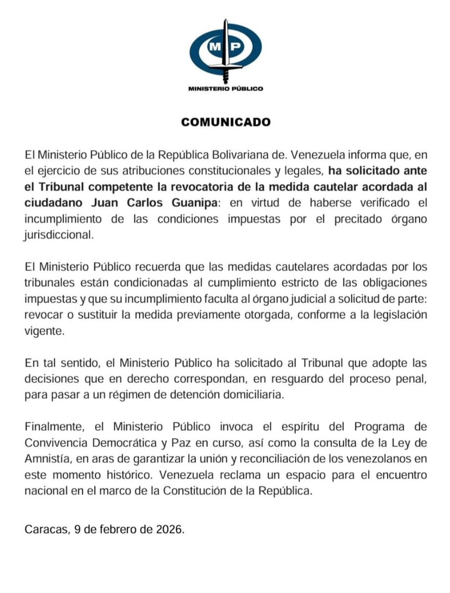 🚨 ÚLTIMA HORA | Ministerio Público solicita revocar medida cautelar a Guanipa por "incumplimiento de condiciones". Se ha pedido al tribunal su paso a detención domiciliaria bajo el marco de la Ley de Amnistía.