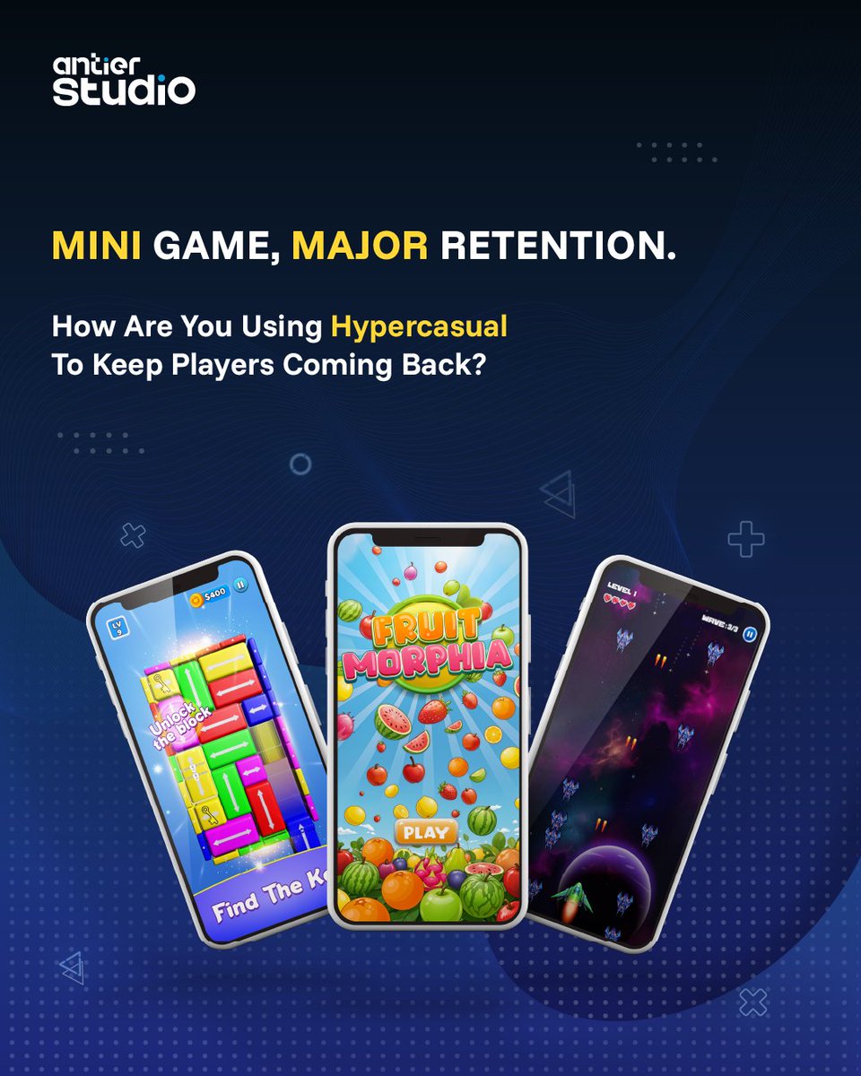 Hypercasual isn’t a side quest. It’s the fastest way to test IP and build habitsthrough repeatable loops, not long sessions. 
At Antier Studio, we scale snackable gameplay across Web2, Web3 &amp; Telegram.What comes first: retention, LTV, or CAC?

#HypercasualGames #MiniGames #Game