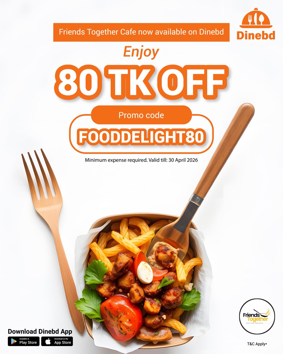 Dinebd_official's tweet image. Friends Together Cafe is now available on Dinebd.🍽️
Order your favorite dishes and get 80 TK off. Don’t miss out!

Download the Dinebd app now!

Play Store Link: play.google.com/store/apps/det…

App Store Link: apps.apple.com/gb/app/dinebd/…

#dinebd #dhaka #ordernow #FoodAtYourFingertips
