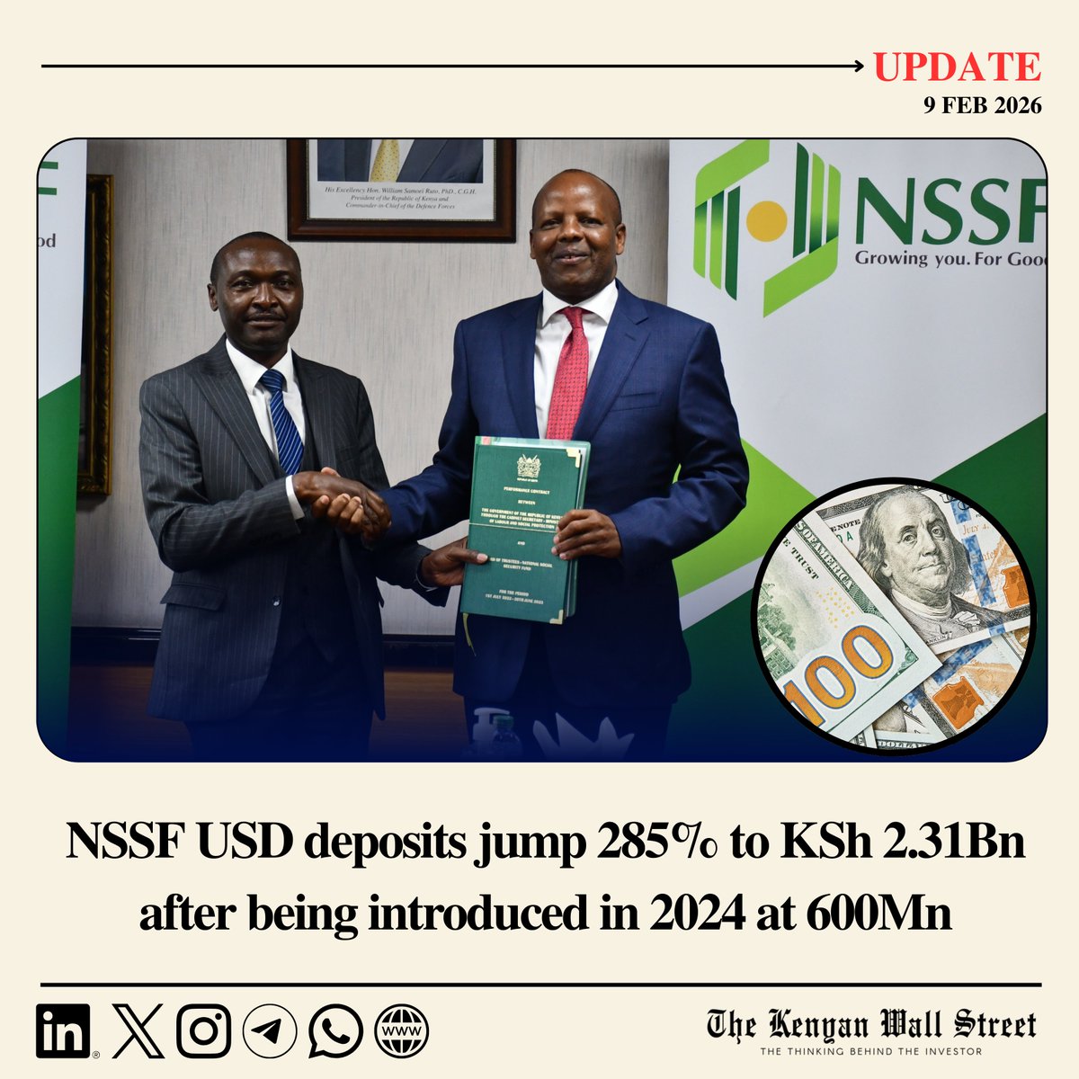 kenyanwalstreet's tweet photo. NSSF’s USD-denominated deposits, introduced in 2024, surged by 285% to KSh 2.31 billion in 2025.

This marks a significant shift towards foreign-currency holdings as part of a broader diversification strategy. 

The deposits were moved from Equity Bank to Stanbic, Absa, and Cooperative Bank, with Cooperative Bank becoming the dominant custodian.