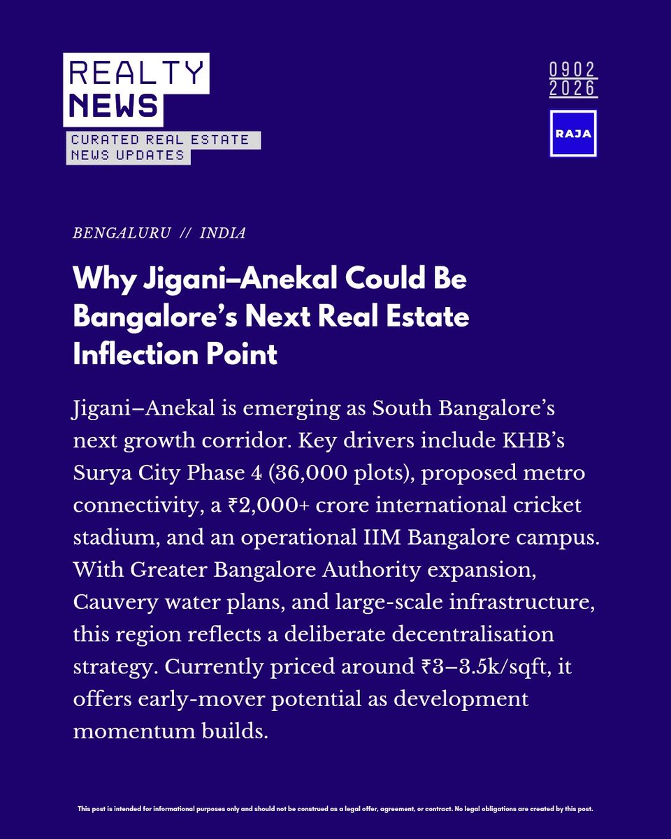 raja_ar_jun's tweet photo. I’ve tracked every major infra & policy move around Jigani–Anekal. The data points are stacking up

• KHB Surya City Phase 4: ~36,000 plots (Asia’s largest residential layout)

• Metro extension (planned) via Deccan Herald — alignment runs through Surya City

• ₹2,000+ cr international cricket stadium, 80,000 capacity (Indlawadi)

• IIM Bangalore campus already operational in Jigani

• Greater Bangalore Authority expansion + Cauvery water rollout
Current pricing: ~₹3–3.5k/sqft
Empty today. Structurally set for growth.

Not advice. Just sharing what I’m seeing on the ground.