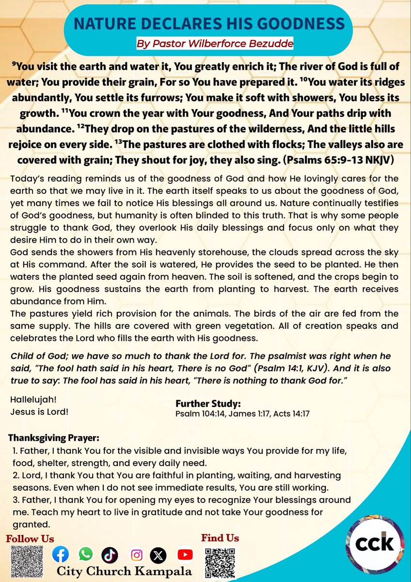 citychurchkla's tweet image. Father, I thank U for the visible and invisible ways U provide for my life, food, shelter, strength, $ every daily need.

Tap on the link 👇for full devotion 
whatsapp.com/channel/0029Va…

#NatureDeclaresHisGoodness
#CckDailyDevotion
#NothingMissingNothingBroken
#2026ElevateYourVision