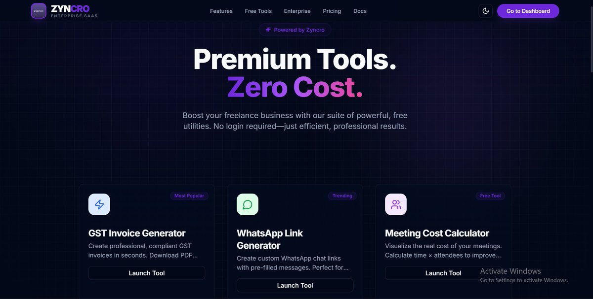 ZyncroHQ's tweet photo. Productivity just got free. 🚀

We launched a suite of tools for founders &amp; freelancers: ✅ GST Invoices 
✅ WhatsApp Links 
✅ Freelance Calc 
✅ AI Captions

No signup needed. Start here 👇
https://t.co/LgUV5eT7PV

 #startup #SaaS #Productivity #Zyncro https://t.co/6a4IacXEG5