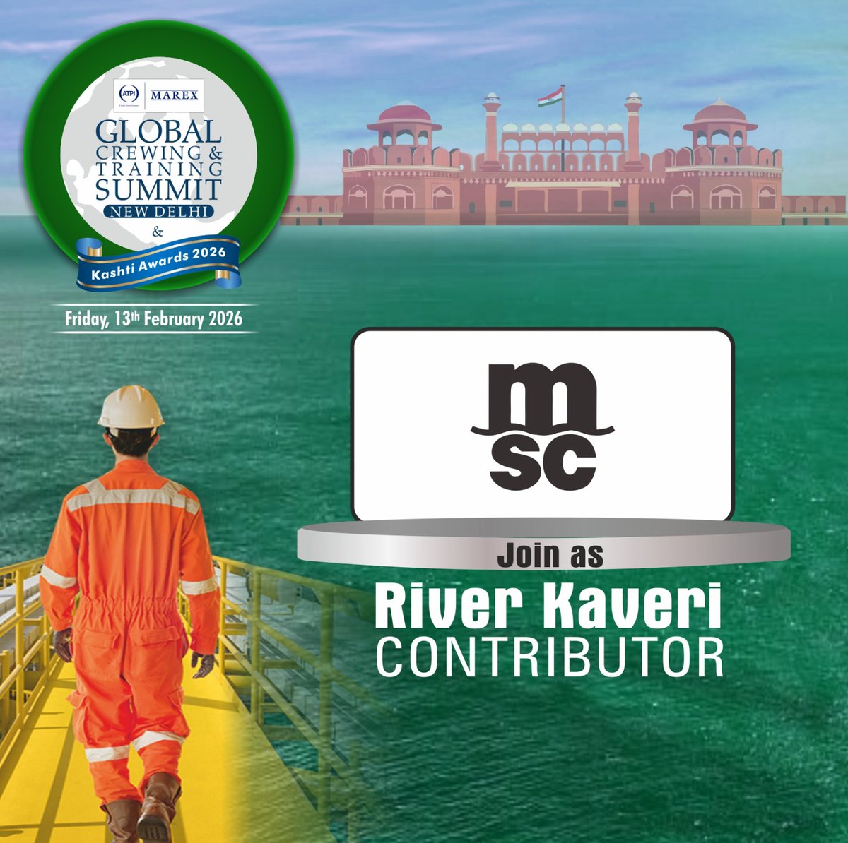 MarexMedia's tweet photo. MSC comes on board as a River Kaveri Contributor 🌊 at The ATPI–Marex Global Crewing &amp; Training Summit &amp; Kashti Awards 2026.

📍 New Delhi | 📅 13th February 2026 https://t.co/DTTLLLu90y