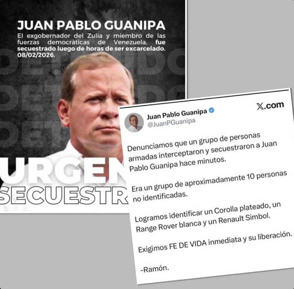 leybert's tweet photo. después de pocas horas de ser liberado Juan Pablo Guanipa, lo vuelve a secuestrar el régimen de Delci Rodríguez @SecRubio @RepMariaSalazar @ScottforFlorida @MarioDB @TruthTrumpPost @TrumpDailyPosts @GastonLevar @ChacoCma #GeneraciónIndependencia @usembassyve https://t.co/eRC960Tm80