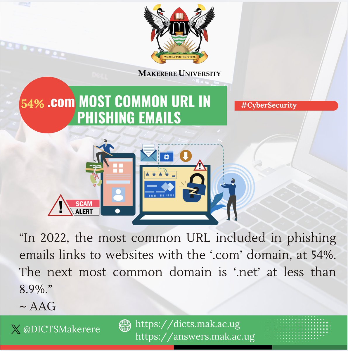DICTSMakerere's tweet image. #CyberMonday

“In 2022, the most common URL included in phishing emails links to websites with the ‘.com’ domain, at 54%. The next most common domain is ‘.net’ at less than 8.9%.”
~ AAG

Don't let your guard down. Always be alert.

Better safe than sorry.