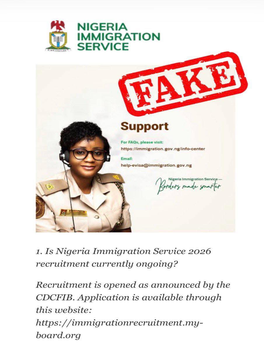 c_icontv's tweet photo. ICYMI
RECRUITMENT: NIS Cautions Against Fake Recruitment Websites

The Nigeria Immigration Service has issued a warning to the general public about fake websites circulating online, claiming to conduct recruitment exercises.
 
READ MORE…
https://t.co/EZiE2l3XsM https://t.co/c3xpGxlYS3