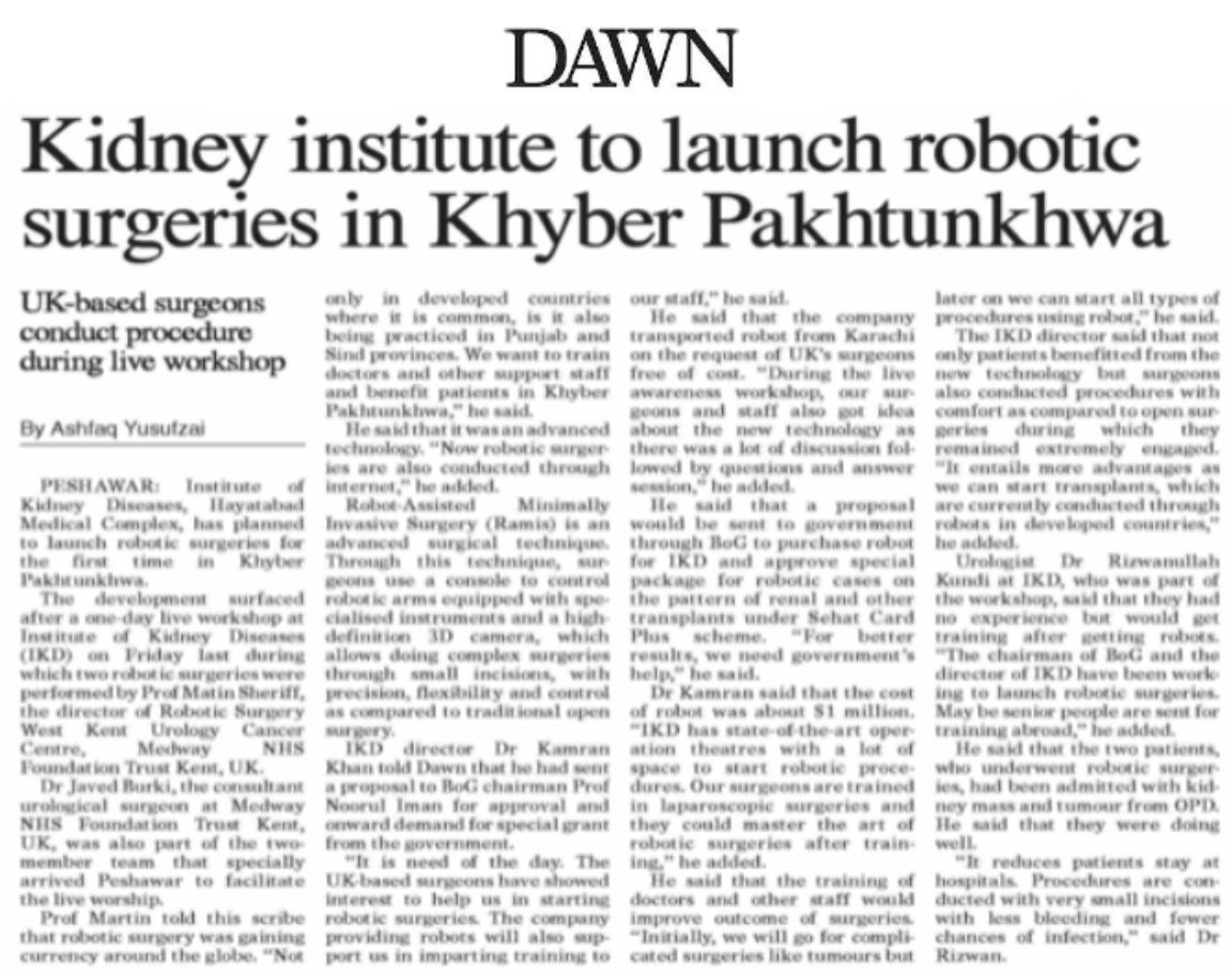 Kidney institute to launch robotic surgeries in Khyber Pakhtunkhwa - Newspaper - DAWN.COM - dawn.com/news/1971914
