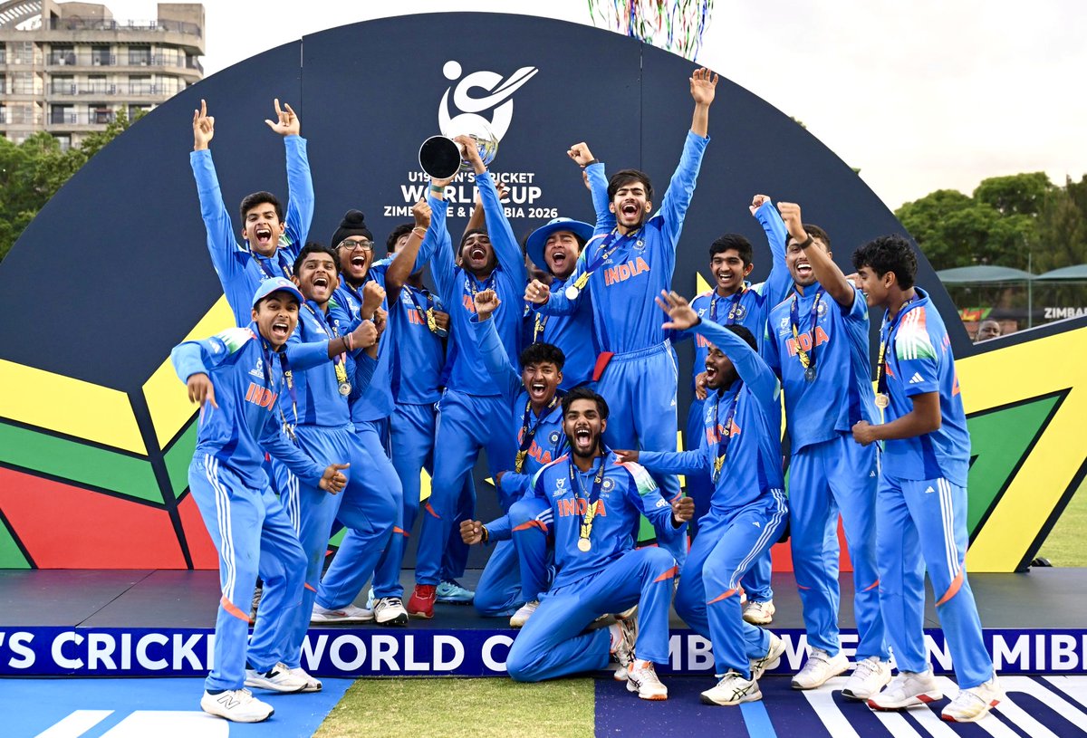 airnewsalerts's tweet photo. On #6Feb2026, India clinched the U19 Cricket World Cup title for a record 6th time, beating England by 100 runs in the final in Harare, Zimbabwe. #TeamIndia #U19WorldCup https://t.co/XSjSSqVFIi