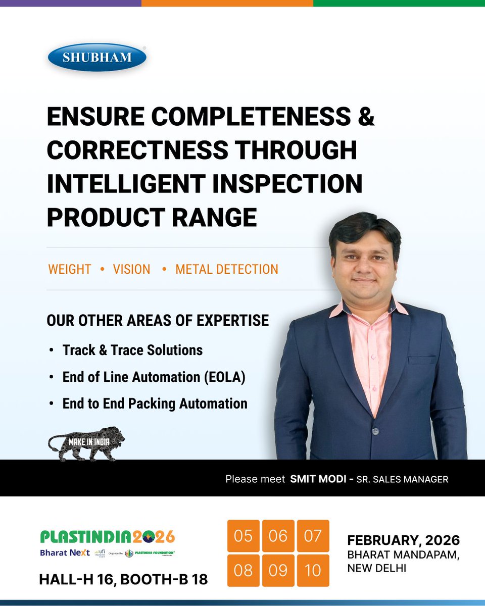 ShubhamAutoIn's tweet photo. Last 2 Days Left!

Plastindia 2026 is heading into its final stretch. If intelligent inspection, accuracy, and end-to-end automation matter to your operations, let’s meet and talk possibilities.

#Plastindia2026 #ShubhamAutomation #SmartInspection #Automation #MakeInIndia https://t.co/BSF56DtFBX