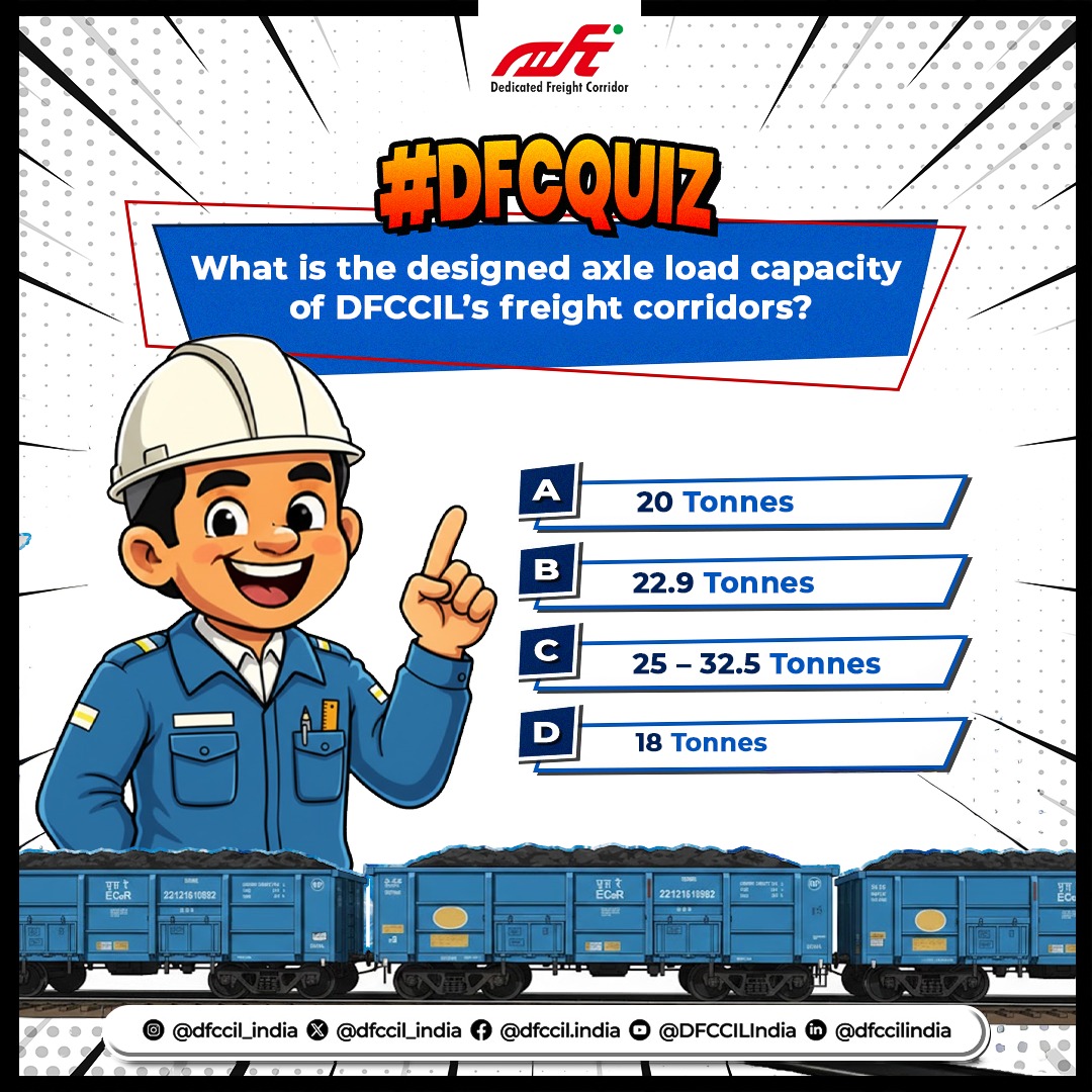 dfccil_india's tweet photo. #DFCQuiz Time!
Let’s test your knowledge about India’s #DedicatedFreightCorridors!
Take a guess and comment your answer below.
Tag a rail enthusiast and see if they can beat you!
#DFCCIL #FreightTrivia https://t.co/4I8hkUSwhL