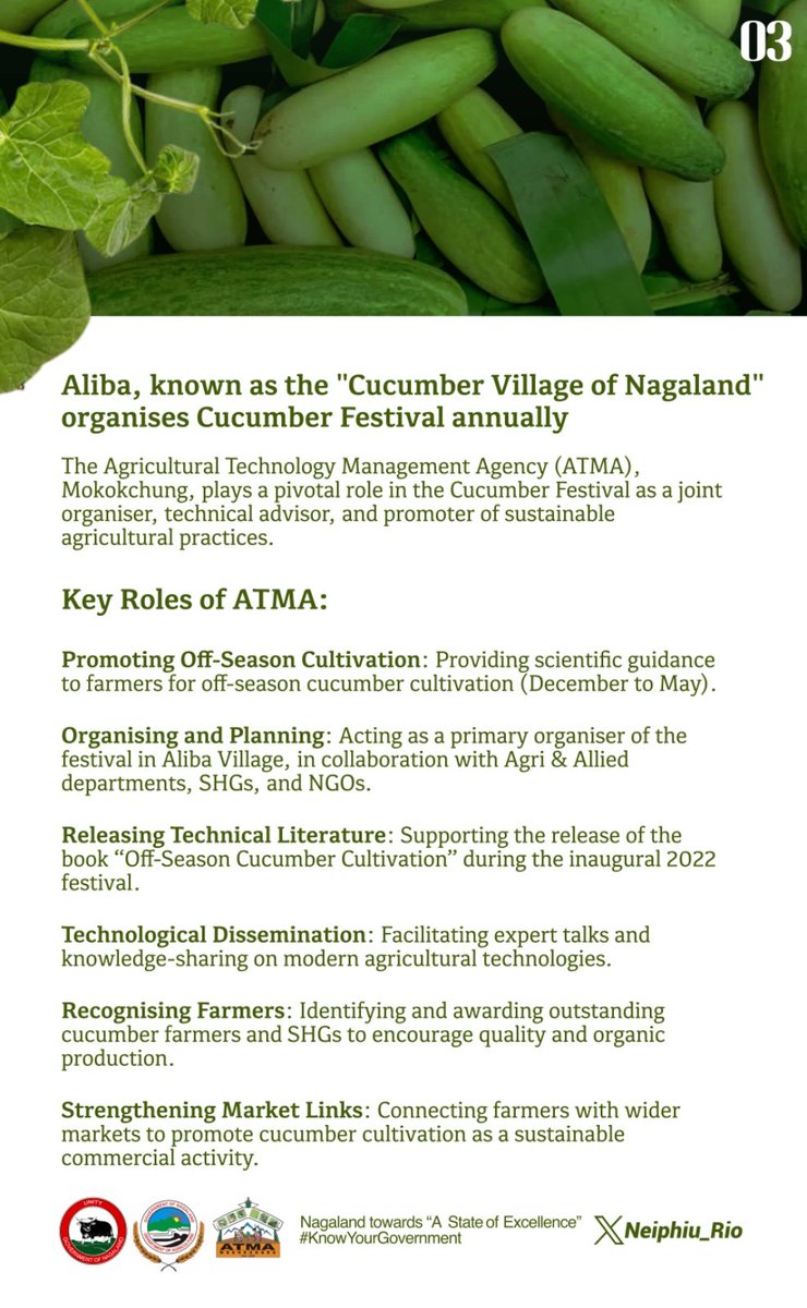 Naga Cucumber was GI-tagged in 2021. Off-season cucumbers are included under this GI. Sown in winter using manure-heated pits, they are known for natural sweetness &amp; soft texture. ATMA Mokokchung plays an important role in promoting this sustainable practice. #KnowYourGovernment