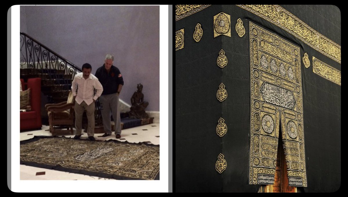 Jeffrey Epstein laid the sacred **Kiswah of the Kaaba on the floor after it was shipped to him directly from Saudi Arabia—an act many Muslims consider a grave desecration of one of Islam’s holiest symbols.