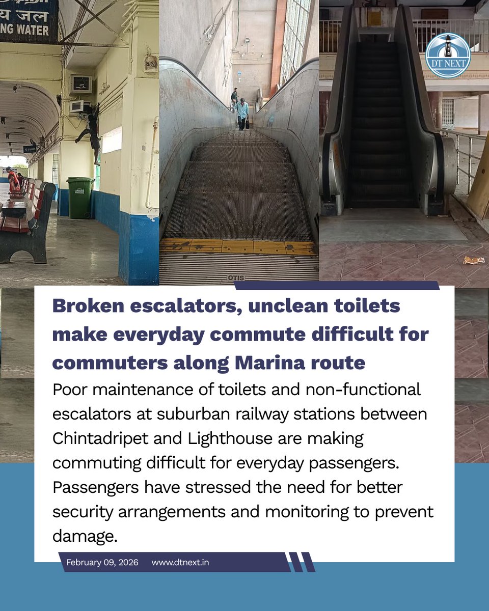dt_next's tweet photo. Poor maintenance of toilets and non-functional escalators at suburban railway stations between Chintadripet and Lighthouse are making commuting difficult for everyday passengers. 

🖊️ @VASUDEVANS0121 

https://t.co/z3E9SKbKsr 

#DTNext #Chennai #Railways https://t.co/SfsplfA7sk