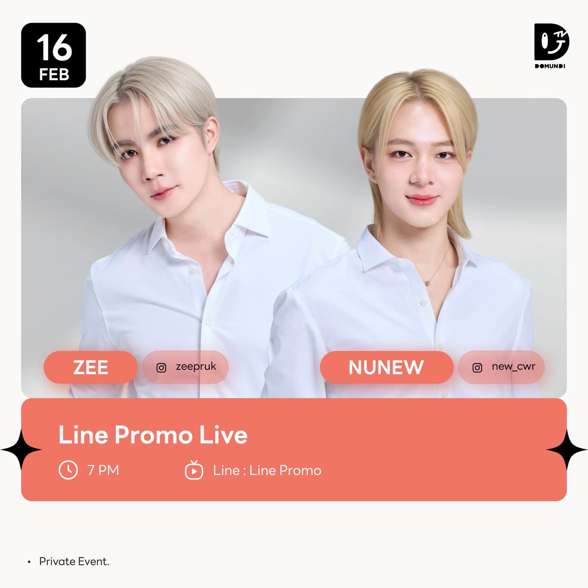 #DMDschedule UPDATE 

🗓️ : 16.02.2026

Line Promo Live

🙋🏻‍♂️ : Zee NuNew
⏰ : 19.00 น. | 7 PM (GMT+7)
📽️ Line : Line Promo
📢 : Private Event 

#ZeePruk #NuNew
#domunditv