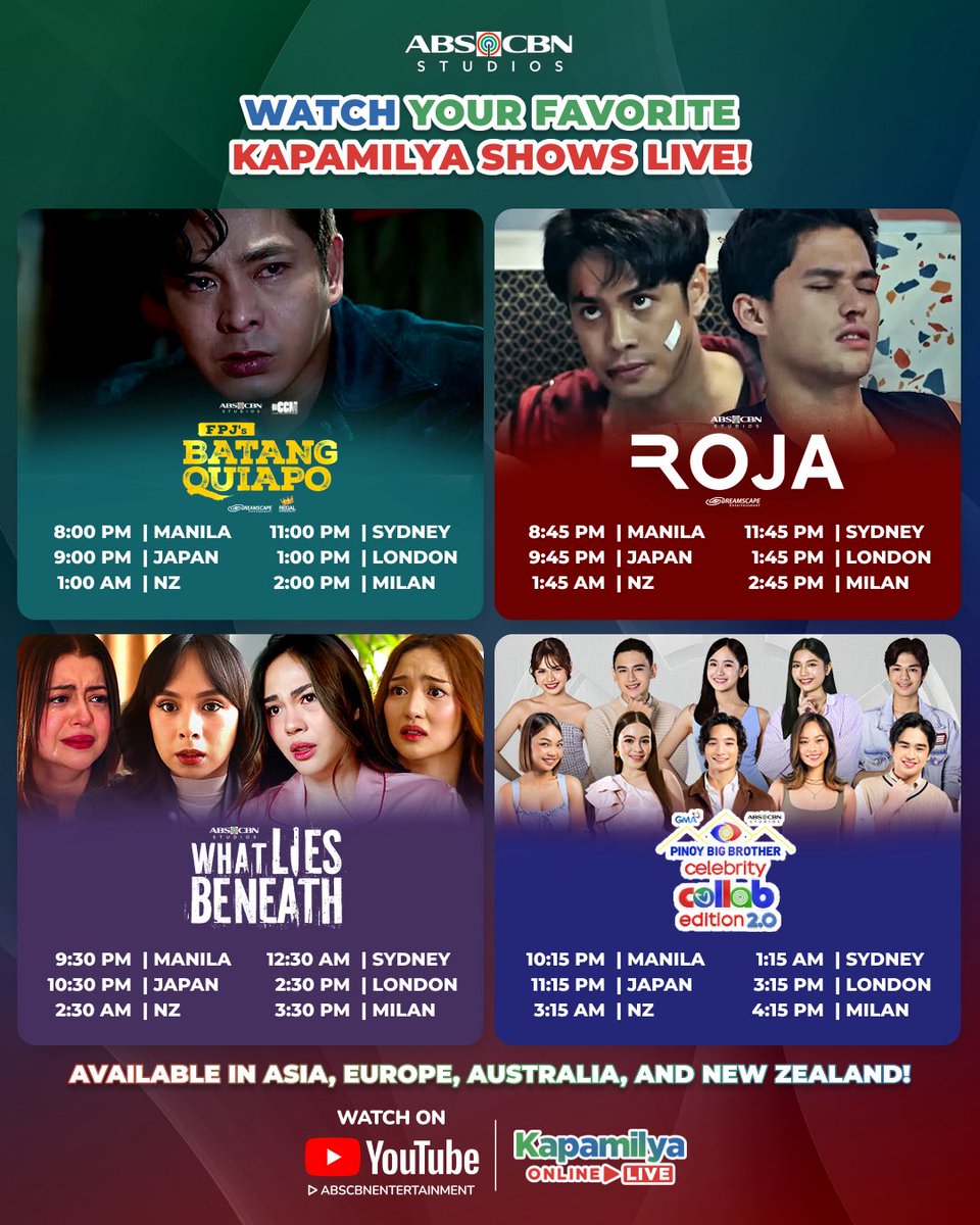 ABSCBNpr's tweet image. Subaybayan ang mga ibinubunyag na katotohanan sa #PrimetimeBida 😮
 
Watch #FPJsBatangQuiapo, #ROJA, #WhatLiesBeneath, and #PBBCollab20 LIVE!
 
#KapamilyaOnlineLive