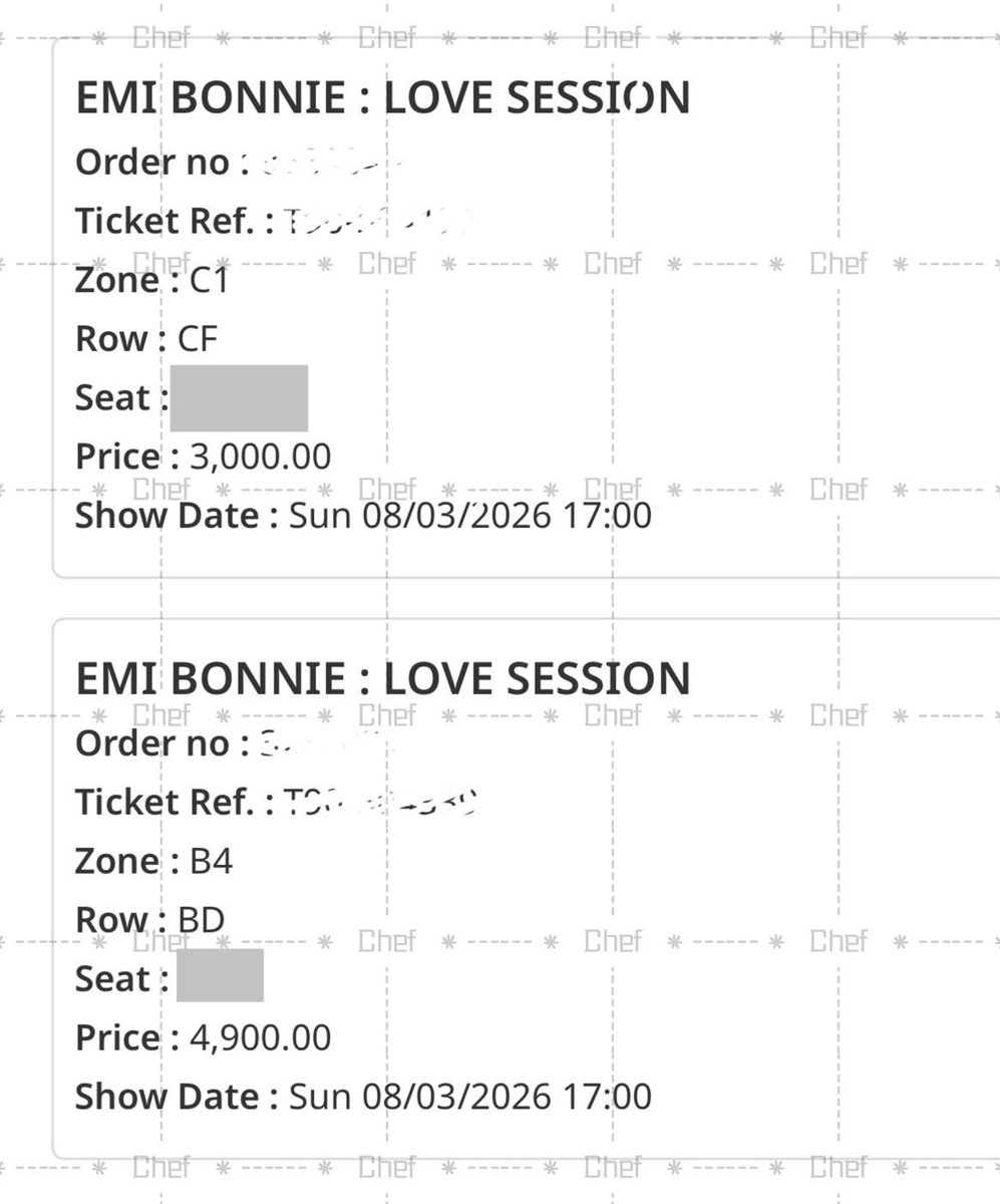 Chefdottt's tweet image. WTS  
08 Mar. วันอาทิตย์

Zone 
B4 BDxx (1 ใบ) 4,900 + ค่าธรรมเนียม
B5 BMxx (1 ใบ) 3,500 + ค่าธรรมเนียม
C1  CFxx (1 ใบ) 3,000 + ค่าธรรมเนียม

สนใจDMสอบถามได้ค่ะะ
 #EmiBonnieLoveSession 
#EmiBonnie