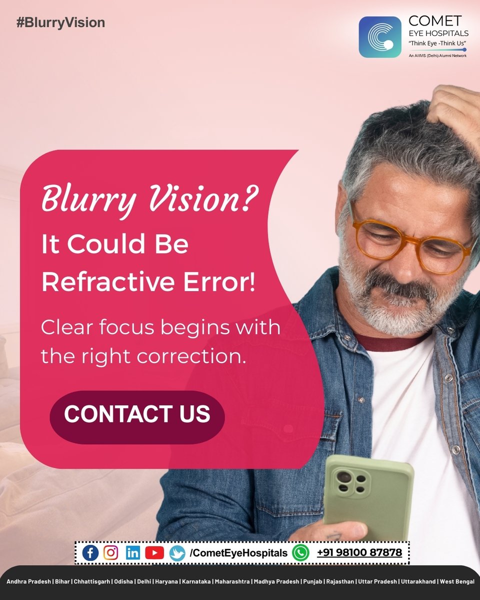 Cometeyecare's tweet photo. Blurry vision isn’t something to ignore. It could be a simple refractive error like myopia, hyperopia, or astigmatism.
Contact us on: +91 98100 87878
#eyecare #vision #eyehealth #clearvision #optometry #lasik #healthyeyes #eyeclinic #visionfirst #cometeyehospital https://t.co/wESKggBHlL