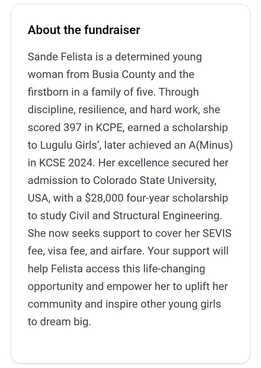 Help Sande Felista achieve her dream of studying abroad. 
Make your donations at; tunaresq.co.ke/f/GMjp6C