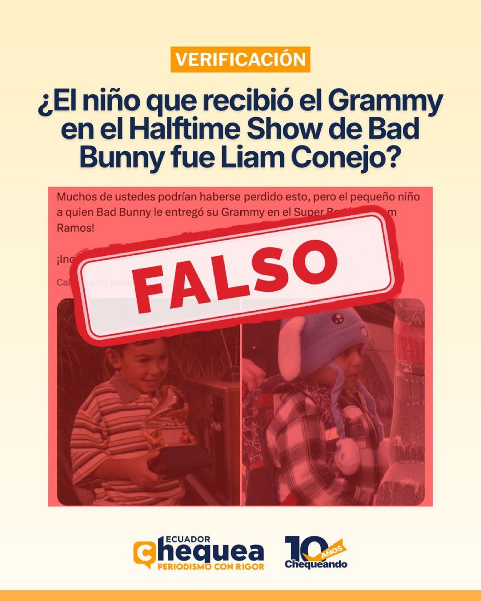 #ChequeaPrimero | Liam Conejo no apareció con Bad Bunny recibiendo el Grammy en el Halftime Show. 

Varias publicaciones aseguran que Liam Conejo, el niño ecuatoriano que fue detenido por ICE y luego liberado, es el menor que aparece junto a Bad Bunny recibiendo un Grammy durante