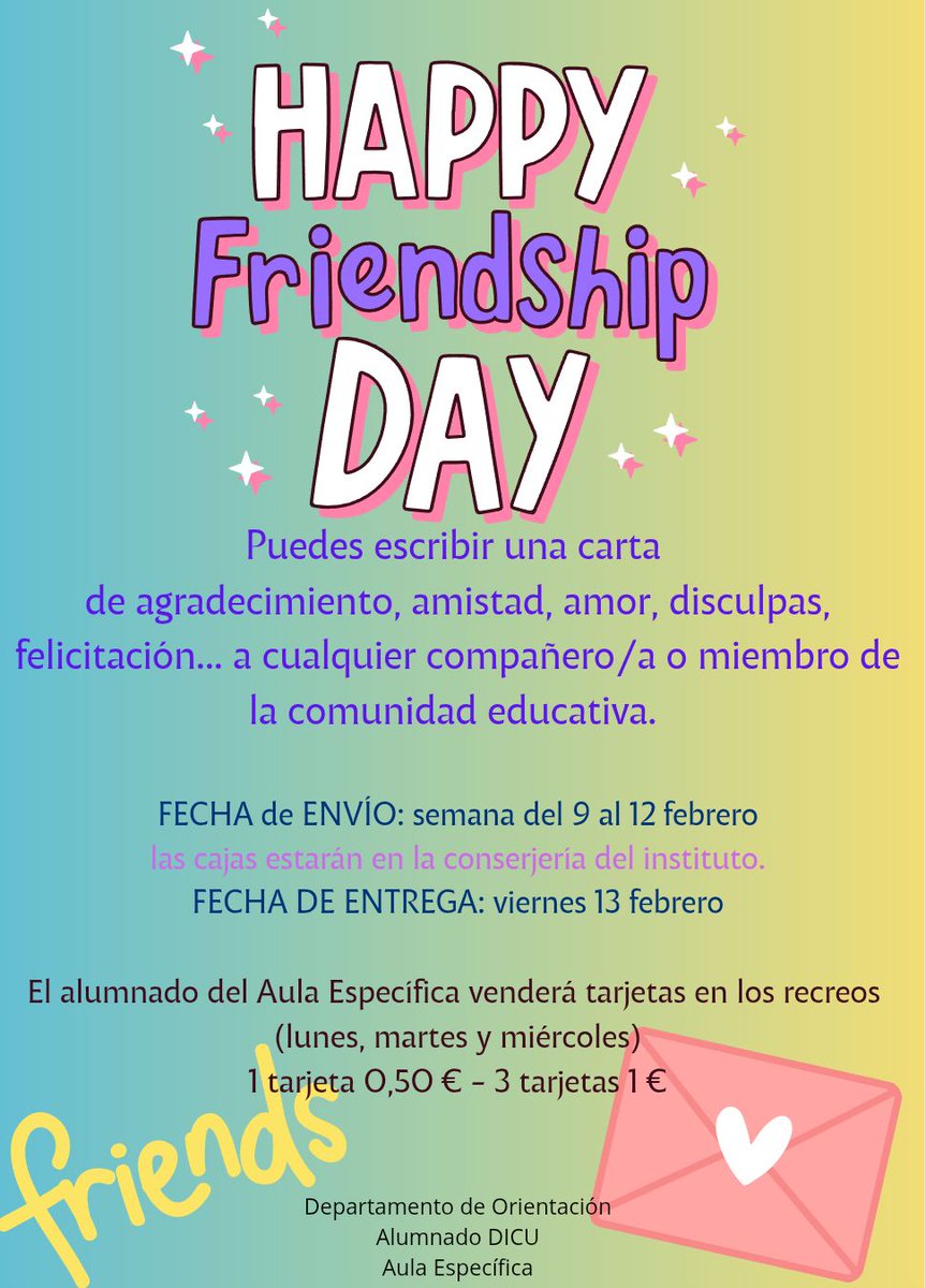 💌 ¡Celebra la amistad en el #IESLauretum! 🤝
​Escribe tu carta de agradecimiento o amistad y deposítala en Conserjería (del 9 al 12 de feb). ¡Se entregan el viernes 13!
​💳 Compra tus tarjetas al Aula Específica en el recreo:
📍 1 x 0,50€
📍 3 x 1€
​¡Participa! 💖