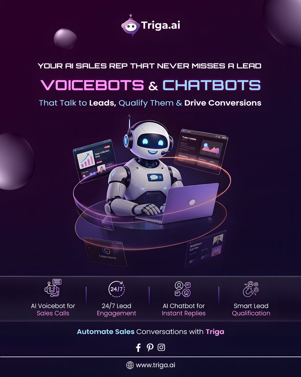 TrigaAi's tweet photo. Never miss a lead again 🤖

Triga’s AI Voicebots &amp; Chatbots engage prospects 24/7, reply instantly, qualify leads smartly, and help you focus on closing — not chasing.
Automate conversations. Accelerate conversions. 🚀
 #chat  #Sales  #Leading  #Technology https://t.co/hQ5lS5Yklf