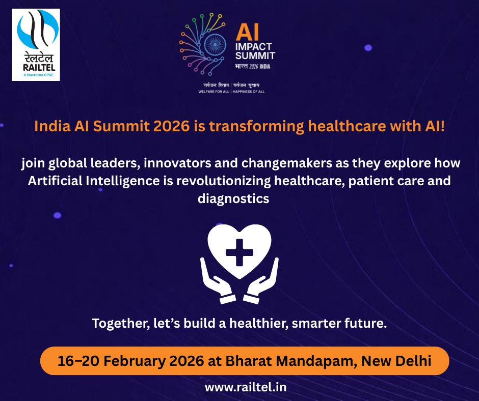 RailTel's tweet image. Smarter care, healthier lives! 
Discover how AI is reshaping healthcare at the India AI Summit 2026. on16-20 February at Bharat Mandapam. #indiaaiimpactsummit2026  #FutureOfHealthcare #AIInnovation #RailTel